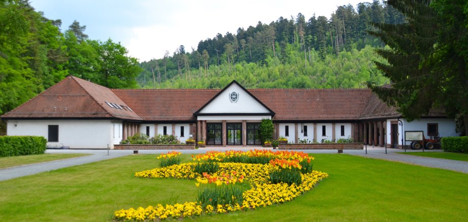 Zu sehen ist die Rückseite der Aussegnungshalle am Waldfriedhof mit dem davor angelegten Blumenbeet mit Frühjahrsflor