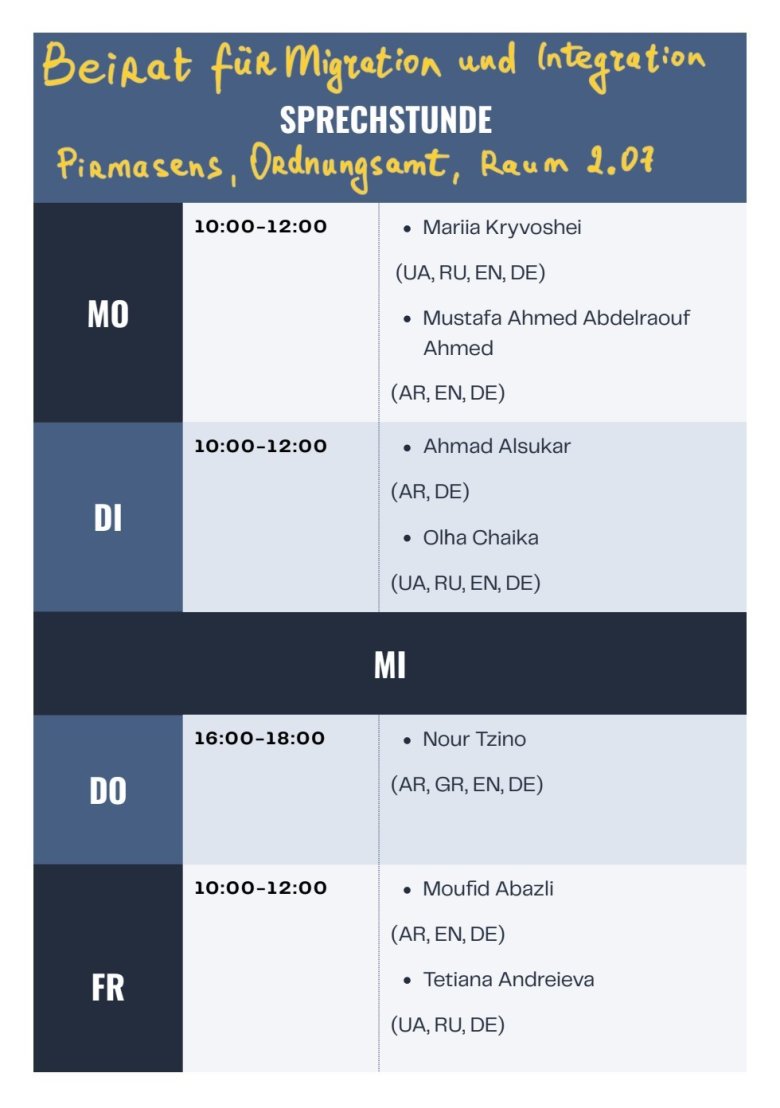 Grafik Beirat für Migration und Integration - Sprechstunden - Montag, Dienstag, Freitag 10:00 - 12:00 Uhr, Donnerstag 16:00 - 18:00 Uhr